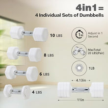 Load image into Gallery viewer, Adjustable Dumbbell Set of 2 Total 20 Lbs 4-in-1 Each 4lb 6lb 8lb 10lb 1s-Adjust Dual-Stable Free Weights for Women Men Home Gym Outdoor Workouts (White [20LBS Total])
