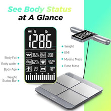Load image into Gallery viewer, RunStar Scale for Body Weight and Fat Percentage, 8-Electrodes Precision Digital Smart Scale for BMI 28 Body Composition Measurement, Silver Bathroom Smart Scales with Large Display
