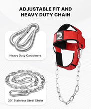 Load image into Gallery viewer, DMoose Fitness Neck Harness for Weight Lifting - Soft Padded Head &amp; Chin Strap with 30" Heavy Duty Steel Chain - Neck Exerciser, Trainer &amp; Strengthener to Support Injury Recovery (Red)
