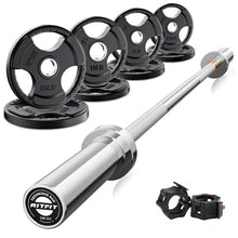 Load image into Gallery viewer, RitFit Barbell Weight Set - 4/6FT Olympic Barbell with Weight Plates (55-115LB Total) -  4FT Silver Bar with 85LB Plates
