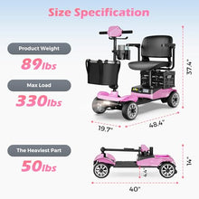 Load image into Gallery viewer, Foldable 4-Wheel Mobility Scooter for Adults – Portable Motorized Scooter with 330 lbs Capacity, Detachable Battery, Dual Baskets, Cup &amp; Phone Holder, Pink
