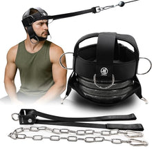 Load image into Gallery viewer, Neck Training Harness with Pulley System – Adjustable Head Strap for Side-to-Side Neck Strength Workout, Heavy-Duty Steel Chain for Weighted Vertical Training, Ideal for Powerlifting &amp; Fitness
