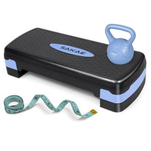 Load image into Gallery viewer, Blue Black Exercise Step Platform Set with Kettlebell &amp; Measuring Tape
