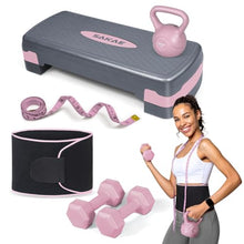 Load image into Gallery viewer, Adjustable Exercise Stepper Kit with Dumbbells &amp; Kettlebell &amp; Weightlifting Belt &amp; Measuring Tape, 2 Level Risers Aerobics Step Platform for Home Gym Exercise Fitness Workout, Pink Grey
