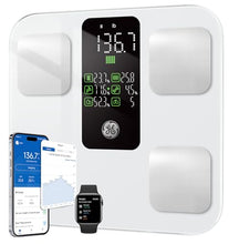 Load image into Gallery viewer, GE Scale for Body Weight: Body Fat, BMI, Muscle Mass, Smart Bathroom Scales with 14 Body Composition Metrics with Large Display, Accurate Bluetooth Weighing Machine with Fitness App, 400 lbs, White
