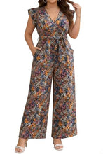 Load image into Gallery viewer, Chevibe Plus Size Jumpsuits for Women V Neck Ruffle Sleeve Wide Leg Rompers with Pockets Belted High Waist Casual Formal Jumpsuit
