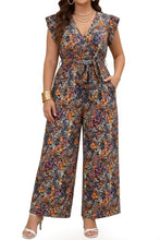 Load image into Gallery viewer, Chevibe Plus Size Jumpsuits for Women V Neck Ruffle Sleeve Wide Leg Rompers with Pockets Belted High Waist Casual Formal Jumpsuit
