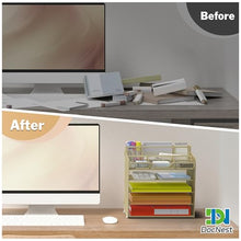 Load image into Gallery viewer, Docnest 5 Tier Mesh Desk Organizer for Paper Office Supplies – Multi-Functional Letter Tray with 5 Adjustable Compartments, 3 Pen Holders, Desktop Storage for Files, Mail, Stationery – Gold
