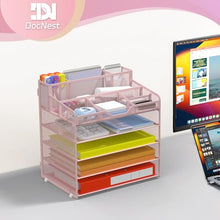 Load image into Gallery viewer, Docnest 5 Tier Mesh Desk Organizer for Paper Office Supplies – Multi-Functional Letter Tray with 5 Adjustable Compartments, 3 Pen Holders, Desktop Storage for Files, Mail, Stationery – Pink
