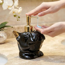 Load image into Gallery viewer, NEWHENGS French Bulldog Shaped Soap/Lotion/Hand Sanitizer Bulldog Ceramic Stainless Steel Pump Dispenser Gifts for Lover, Refillable for Kitchen and Bathroom(Gold/Black)
