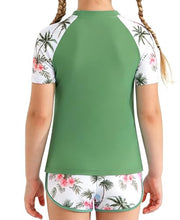 Load image into Gallery viewer, DOCUMO Girls Rash Guard Swimsuit 2-Piece Short Sleeve Colorblock Quick Dry Bathing Suit UPF 50+ Beach Swimwear Size 6-15Y (Leaf# Green, Medium)
