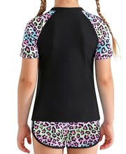 Load image into Gallery viewer, DOCUMO Girls Rash Guard Swimsuit 2-Piece Short Sleeve Colorblock Quick Dry Bathing Suit UPF 50+ Beach Swimwear Size 6-15Y (Leopard# Black, X-Large)
