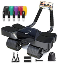 Load image into Gallery viewer, Ab Roller Home Gym Equipment – 4 Wheels Ab Wheel Muscle Roller with Built-in Tracker , 5Pcs Resistance Bands, Ankle Straps, Door Anchor, Handles, Travel Bag

