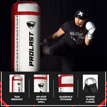 Load image into Gallery viewer, PROLAST 4Ft 135Lb XL Heavy Punching Boxing Bag for Adults, MMA, Martial Arts, Muay Thai, Kicking, Strength Training Equipment, Filled, New Edition Logo, White and Red

