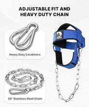 Load image into Gallery viewer, DMoose Fitness Neck Harness for Weight Lifting - Soft Padded Head &amp; Chin Strap with 30" Heavy Duty Steel Chain - Neck Exerciser, Trainer &amp; Strengthener to Support Injury Recovery (Blue)
