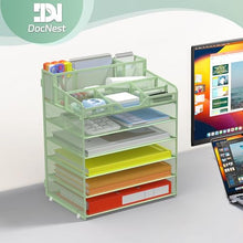 Load image into Gallery viewer, Docnest 6 Tier Mesh Desk Organizer for Paper Office Supplies – Multi-Functional Letter Tray with 5 Adjustable Compartments, 6 Pen Holders, Desktop Storage for Files, Mail, Stationery – Green
