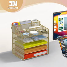 Load image into Gallery viewer, Docnest 5 Tier Mesh Desk Organizer for Paper Office Supplies – Multi-Functional Letter Tray with 5 Adjustable Compartments, 3 Pen Holders, Desktop Storage for Files, Mail, Stationery – Gold
