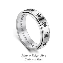 Load image into Gallery viewer, LYTTMAB Keep Pawstive Anxiety Ring for Women &amp; Men - Titanium Stainless Steel Paw Fidget Ring, 6mm Width, Black, Engraved, Size 11
