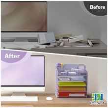 Load image into Gallery viewer, Docnest 5 Tier Mesh Desk Organizer for Paper Office Supplies – Multi-Functional Letter Tray with 5 Adjustable Compartments, 3 Pen Holders, Desktop Storage for Files, Mail, Stationery – Purple
