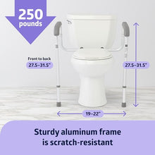Load image into Gallery viewer, Foldable Toilet Safety Rail with Adjustable Height – Universal Fit for Standard or Elevated Seats – Aluminum Frame, Width Adjustable Armrests, Easy Install Over Toilet – Retail Box
