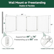 Load image into Gallery viewer, Snagle Paw Metal Freestanding Dog Gate with Door, 80” W x 32” H Dog Fence with Support Feet for Doorways, Stairs and Hallways, Portable Pet Gate for Indoor Use (4 Panel, White)
