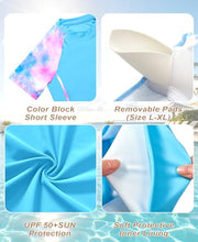 Load image into Gallery viewer, DOCUMO Girls Rash Guard Swimsuit 2-Piece Short Sleeve Colorblock Quick Dry Bathing Suit UPF 50+ Beach Swimwear Size 6-15Y (Tie Dye# Blue, X-Large)
