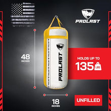 Load image into Gallery viewer, PROLAST 4 Ft 135 Lb XL Heavy Punching Boxing Bag for Adults, MMA, Martial Arts, Muay Thai, Kicking, Strength Training Equipment, Unfilled, New Edition Logo, White and Yellow
