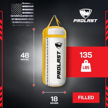 Load image into Gallery viewer, PROLAST 4Ft 135Lb XL Heavy Punching Boxing Bag for Adults, MMA, Martial Arts, Muay Thai, Kicking, Strength Training Equipment, Filled, New Edition Logo, White and Yellow
