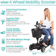 Load image into Gallery viewer, Vive 4 Wheel Mobility Scooter - Electric Powered Wheelchair Device - Compact Heavy Duty Mobile for Travel, Adults, Elderly - Long Range Power Extended Battery with Charger &amp; Basket

