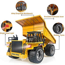 Load image into Gallery viewer, kkny Remote Control Construction Dump Truck Toy 2.4G RC 6 Channel Bulldozer 4 Wheel Driver Mine Construction Alloy Metal Vehicle Truck 1:18 with 2 Rechargeable Batteries for Boys Birthday Gift Age 6+
