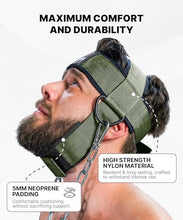 Load image into Gallery viewer, DMoose Fitness Neck Harness for Weight Lifting - Soft Padded Head &amp; Chin Strap with 30" Heavy Duty Steel Chain - Neck Exerciser, Trainer &amp; Strengthener to Support Injury Recovery (Military Green)
