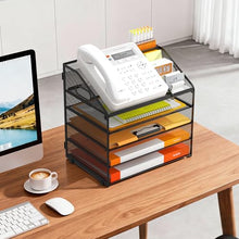 Load image into Gallery viewer, DocNest 5 Tier Metal Mesh Letter Tray - Space Saving Desk File Organizer with Handle, Pen Holder &amp; Folder Holder - Desktop Document Sorter for Office, Home, School, Classroom - Black
