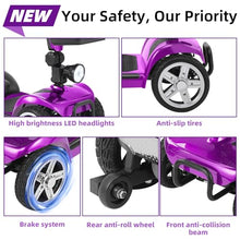 Load image into Gallery viewer, 35 Miles 4 Wheels Mobility Scooter for Seniors/Adults Up to 300LBS,350W Electric Wheelchair Detachable Lithium Battery,Dual Baskets,Rotating Seat,with Taillight, USB Charging, Purple
