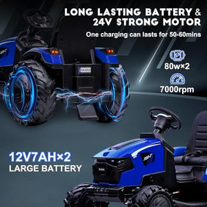24V Kids Electric Car, 2 Seater Ride On Car for Kids, Excavator & Bulldozer, Electric Vehicle w/Trailer, Digger, Blue