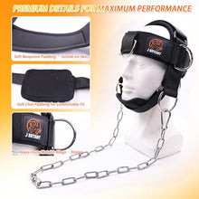 Load image into Gallery viewer, Adjustable Neck Harness for Resistance Bands &amp; Weightlifting, Head Strap with 6 D-Rings for Multi-Directional Neck Training, Padded Chin Support for Athletes &amp; Rehab Exercises
