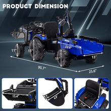 Load image into Gallery viewer, 24V Kids Electric Car, 2 Seater Ride On Car for Kids, Excavator &amp; Bulldozer, Electric Vehicle w/Trailer, Digger, Blue
