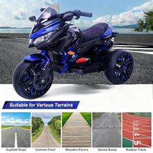 Load image into Gallery viewer, 3-Wheel Ride-On Toy Motorbike with Lighting Wheels, Music Player (Connect with Phone) and Hand Drive (Blue)
