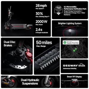 Electric Scooter, 28 mph Top Speed w/ 50 Miles Max Range, 2000W Peak Motor, Dual Hydraulic Suspension