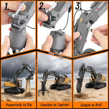 Load image into Gallery viewer, kolegend 3 in 1 Remote Control Excavator Toy 14 Channel RC Excavator Toy for Boys 3-12 with Bucket/Claw/Drill 2.4GHz Full Functional Construction Vehicles Toys Gift for 6 7 8 9 10 Years Old Kids Boys
