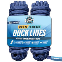 Load image into Gallery viewer, Premium Nylon Boat Dock Lines &amp; Ropes for Docking 5/8'' x 25' | Double Braided Marine Rope &amp; Mooring Line| Boat Ropes for Docking with Loop | UV &amp; Saltwater Resistant Dock Ropes for Boats &amp; Pontoons
