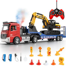 Load image into Gallery viewer, 6 CH Remote Control Flatbed Truck and Inertia-Powered Excavator Toys for Kids Boys，Red

