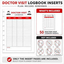 Load image into Gallery viewer, Doctor Visit Logbook Inserts, Classic 9-Disc Mushroom-Punched Refill Pages, 50 Double-Sided Sheets, 7 x 9.25 Inch, 100 GSM White Paper, Medical Appointment Notes for Discbound Planners, Inserts Only
