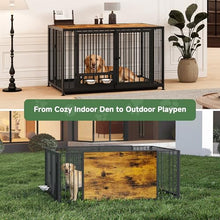 Load image into Gallery viewer, 43.3" Heavy Duty Large Dog Crate with Wheels &amp; Feeding Bowls, 3 in 1 Foldable Extra Large Dog Kennel &amp; Playpen, Indestructible Escape Proof Metal Dog Cage for Large Dogs, Indoor Outdoor, Rustic Brown
