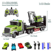 Load image into Gallery viewer, Fistone RC Semi-Trailer Truck &amp; Excavator Toy Set, 1:12 Scale with Sound and Lights, 2.4Ghz Remote Control Flatbed Truck and Excavator Toys for Boys 6-12 Years Old
