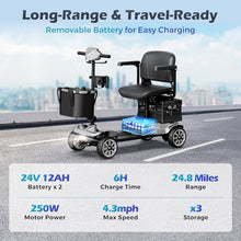 Load image into Gallery viewer, Mobility Scooter for Adults with Spare Battery – 24.8 Miles Total Range, 4-Wheel Foldable Portable Motorized Scooter, 330 lbs Capacity, Dual Baskets, Cup &amp; Phone Holder, Silver
