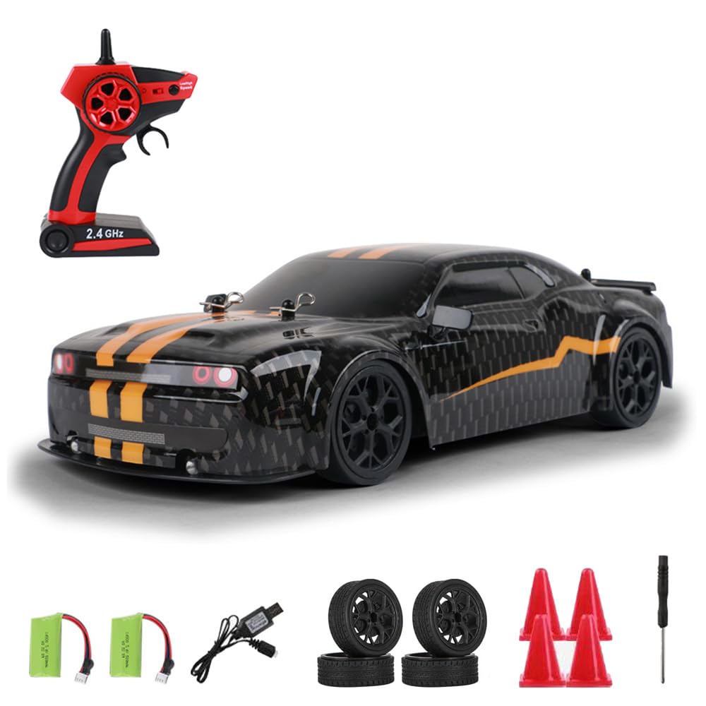 RC Drift Car, 1:14 Remote Control Car, 4WD 30KM/H High Speed RC Racing Car, 2.4GHz Electric Sport Drifting Car with LED Lights, 2 Batteries (Black)