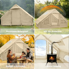 Load image into Gallery viewer, Inflatable Tents for Camping, 4-6 Person Easy Blow Up Tent with Hand Pump,4 Seasons Waterproof Air Inflatable Camping Tent,Hot Tent with Skylight and Stove Jack for Family Camping,Beige
