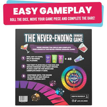 Load image into Gallery viewer, The Never-Ending Drinking Game Board Game For Adults 21+ – Dice &amp; Dare Party Game for 2+ Players, Funny Adult Drinking Game for Parties, Pregames &amp; Birthday Game Night, Spill-Proof Rubber Board
