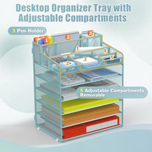 Load image into Gallery viewer, Docnest 6 Tier Mesh Desk Organizer for Paper Office Supplies – Multi-Functional Letter Tray with 5 Adjustable Compartments, 7 Pen Holders, Desktop Storage for Files, Mail, Stationery – Blue
