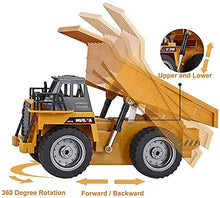 Load image into Gallery viewer, kkny Remote Control Construction Dump Truck Toy 2.4G RC 6 Channel Bulldozer 4 Wheel Driver Mine Construction Alloy Metal Vehicle Truck 1:18 with 2 Rechargeable Batteries for Boys Birthday Gift Age 6+
